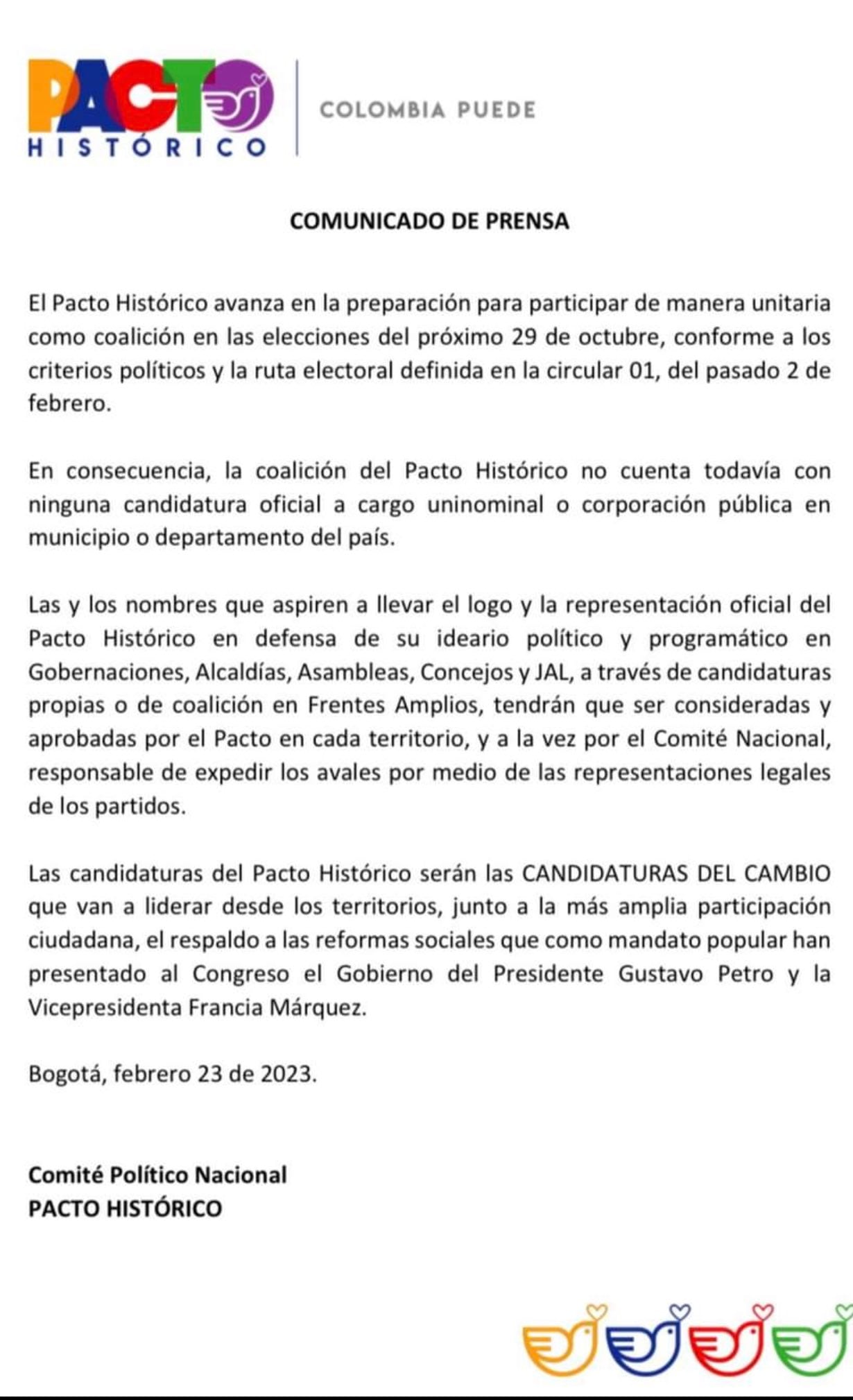 Comunicado del Pacto Histórico acerca de las elecciones regionales del 29 de octubre en Colombia