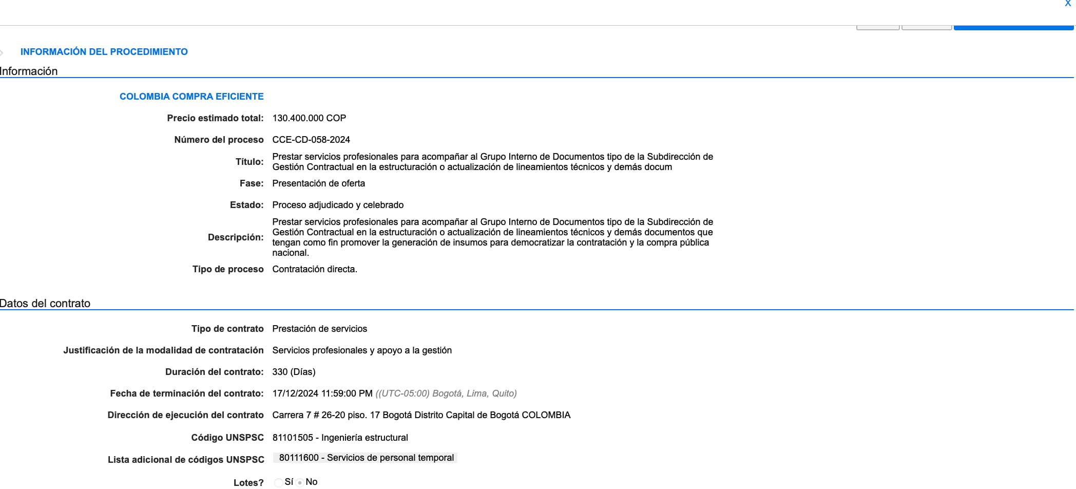 Contrato de Lida Guanumen en Colombia Compra Eficiente.
