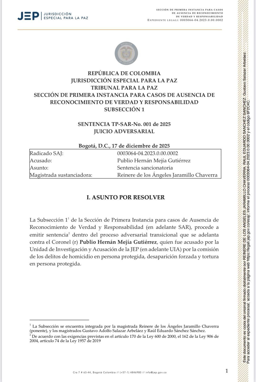 La JEP impuso una condena de 20 años de prisión al coronel (r) Publio Hernán Mejía.