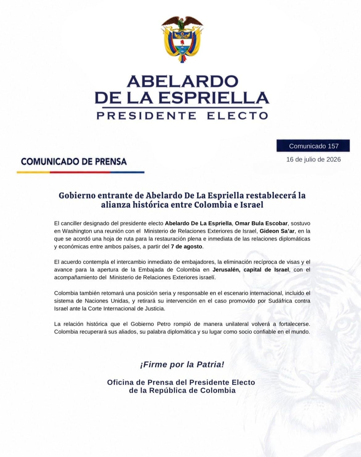 Comunicado equipo de prensa del presidente electo Abelardo De La Espriella.