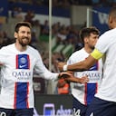 STRASBOURG, FRANCE - MAY 27: Lionel Messi #30 of Paris Saint-Germain celebrates his goal with Juan Bernat #14 during the Ligue 1 match between RC Strasbourg and Paris Saint-Germain at Stade de la Meinau on May 27, 2023 in Strasbourg, France. (Photo by Xavier Laine/Getty Images)