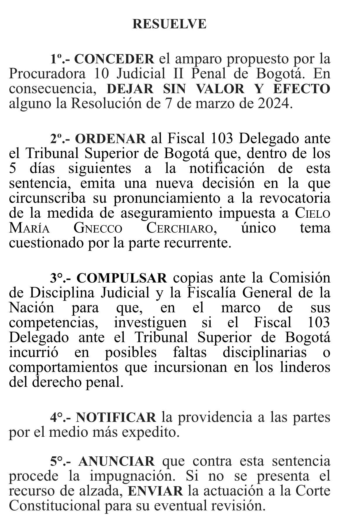 Tribunal Superior de Bogotá pide revisar decisión contra Cielo Gnecco.