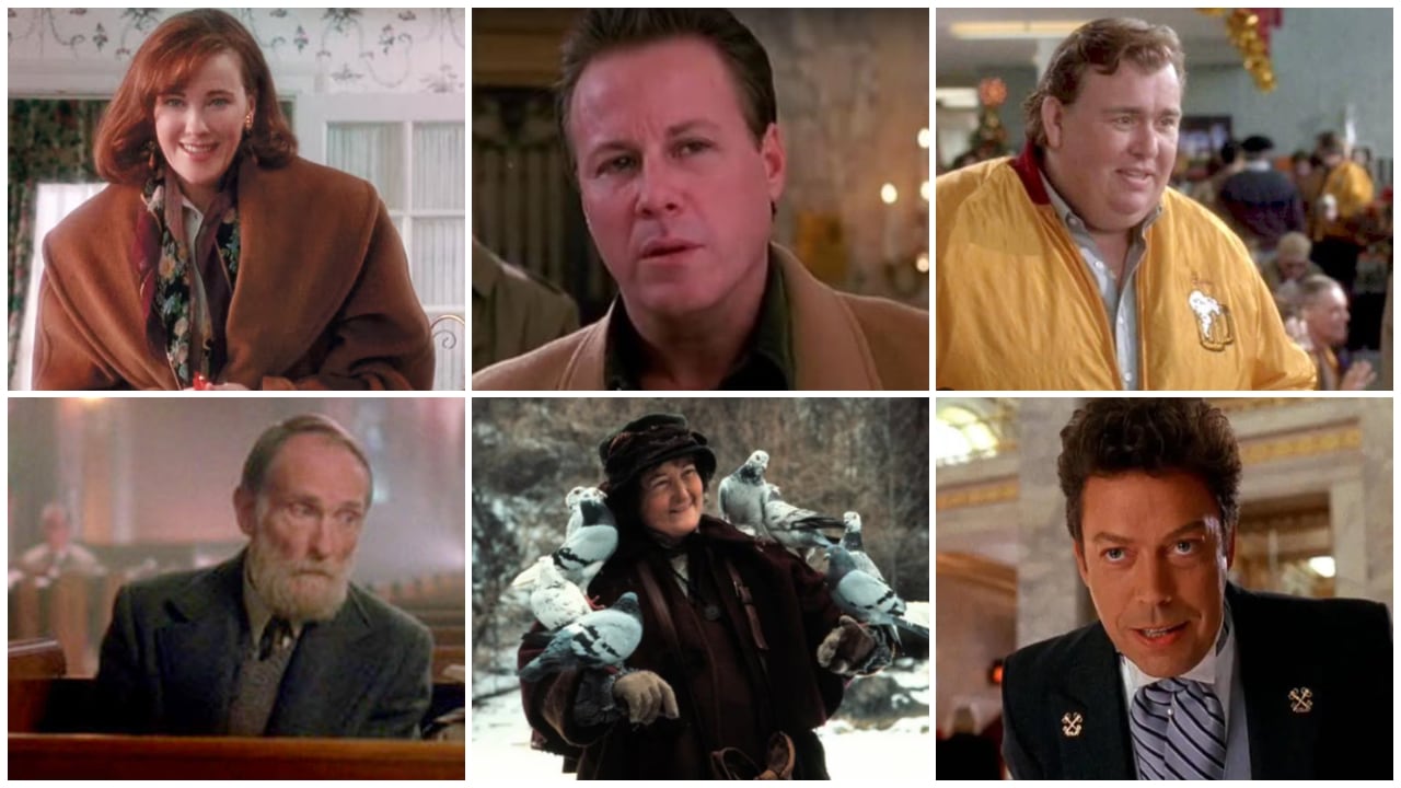De izquierda a derecha.y de arriba a abajo: Catherine O’Hara (Kate McCallister, la mamá de Kevin), John Heard (Peter McCallister, el papá de Kevin), John Candy (Gus Polinski, el músico de polka), Roberts Blossom (Old Man Marley, el vecino del recogedor de nieve), Brenda Fricker (la mujer de los palomas en Mi pobre angelito 2) y Tim Curry (el recepcionista del hotel Plaza en Mi pobre angelito 2)