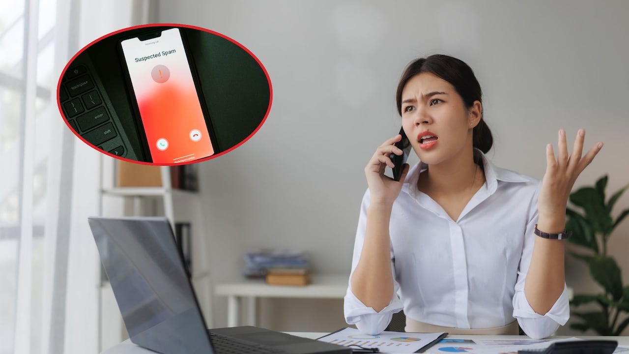 Imagen de referencia de mujer hablando por celular tras recibir una llamada spam.