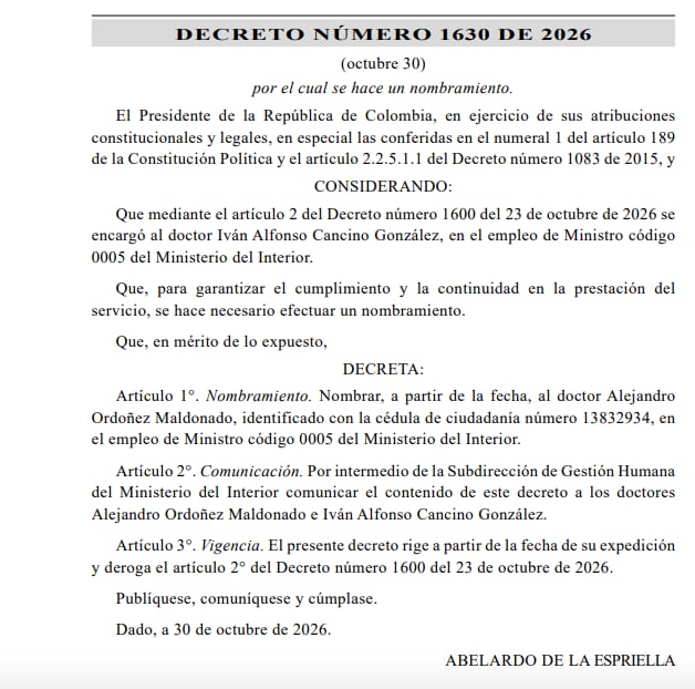 Decreto que oficializa la llegada de Alejandro Ordóñez como ministro del Interior.