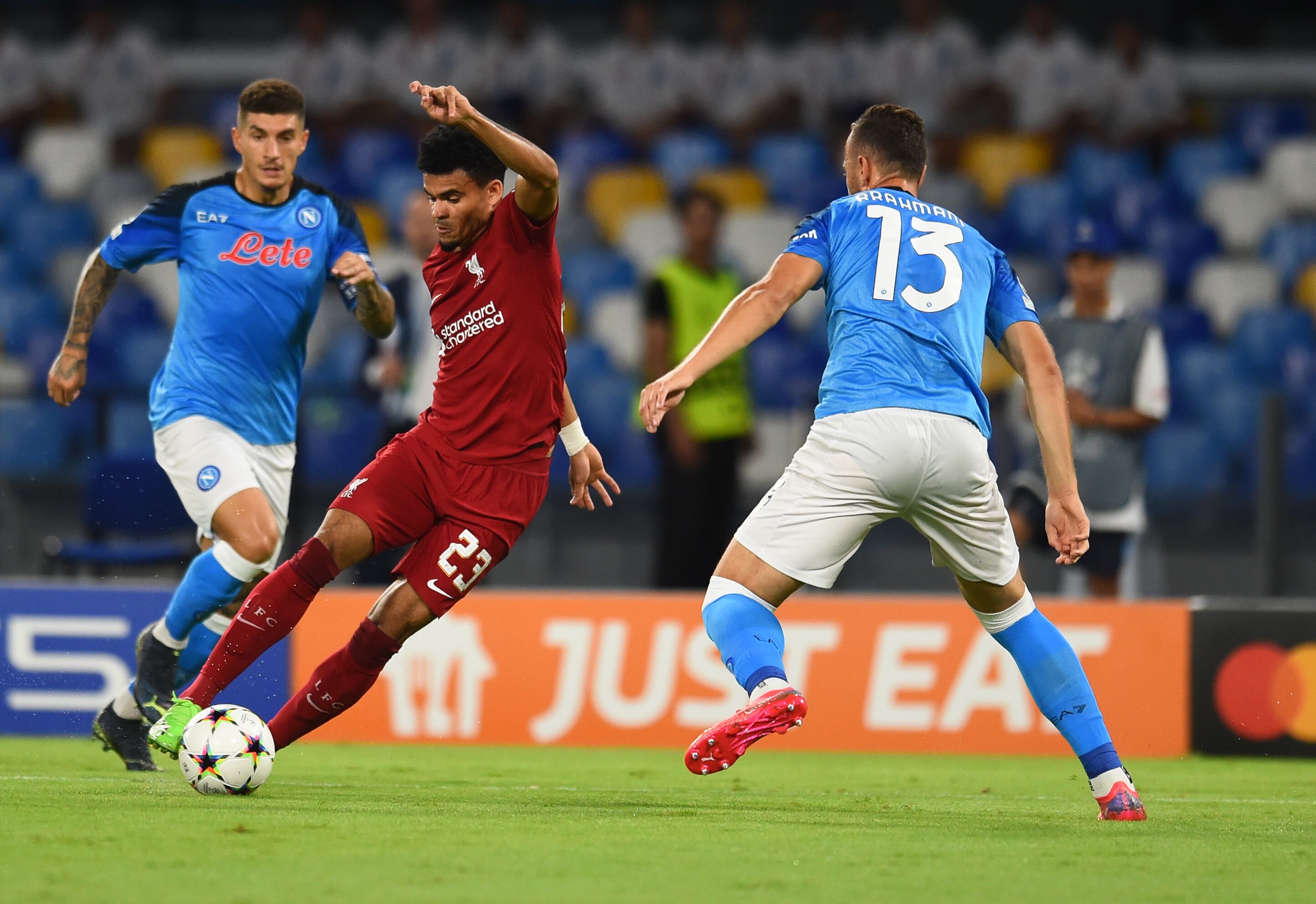 NAPLES, ITALY - SEPTEMBER 07: (THE SUN OUT,THE SUN ON SUNDAY OUT) Luis Diaz of Liverpool during the UEFA Champions League group A match between SSC Napoli and Liverpool FC at Stadio Diego Armando Maradona on September 07, 2022 in Naples, Italy. (Photo by Andrew Powell/Liverpool FC via Getty Images)