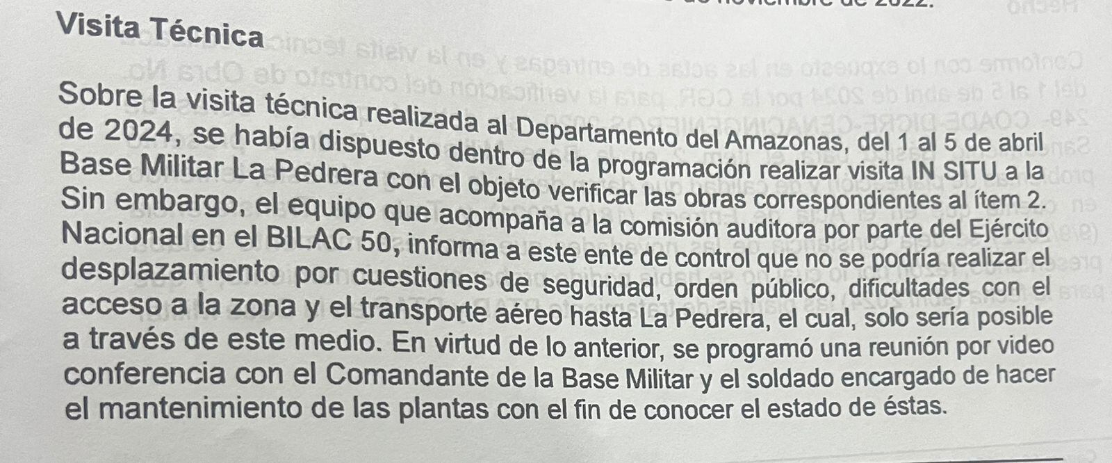 Por problemas de orden público la Contraloría no pudo hacer una visita en terreno en el 2024 a las obras de la base milita de La Pedrera.