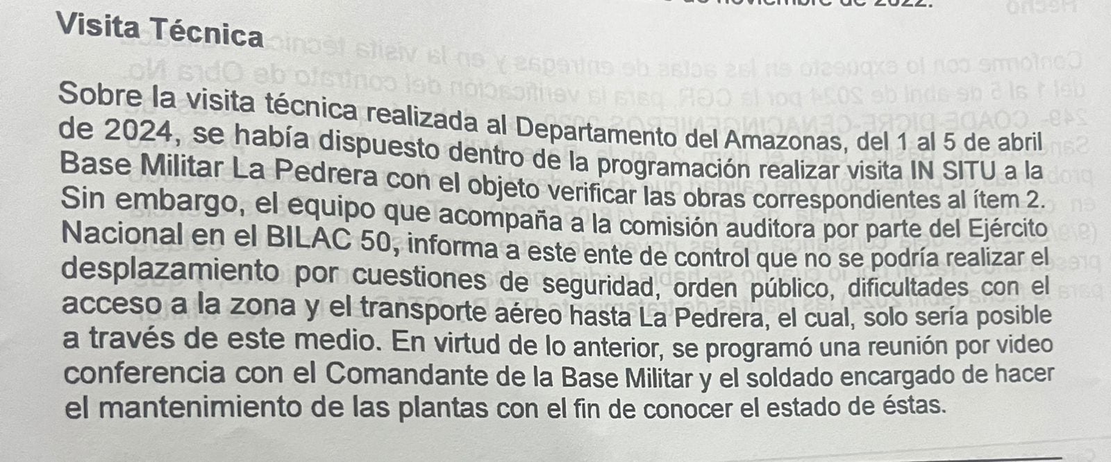 Por problemas de orden público la Contraloría no pudo hacer una visita en terreno en el 2024 a las obras de la base milita de La Pedrera.