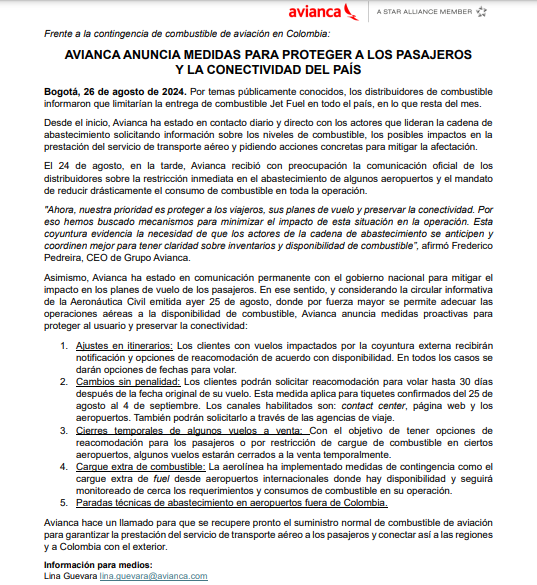 Avianca reportó nuevas medidas para proteger pasajeros por problemas con niveles de combustible.