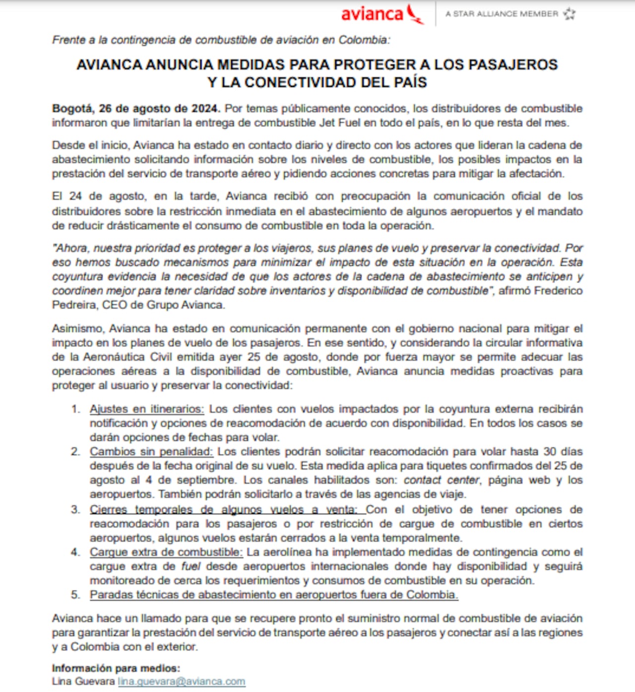 Avianca reportó nuevas medidas para proteger pasajeros por problemas con niveles de combustible.
