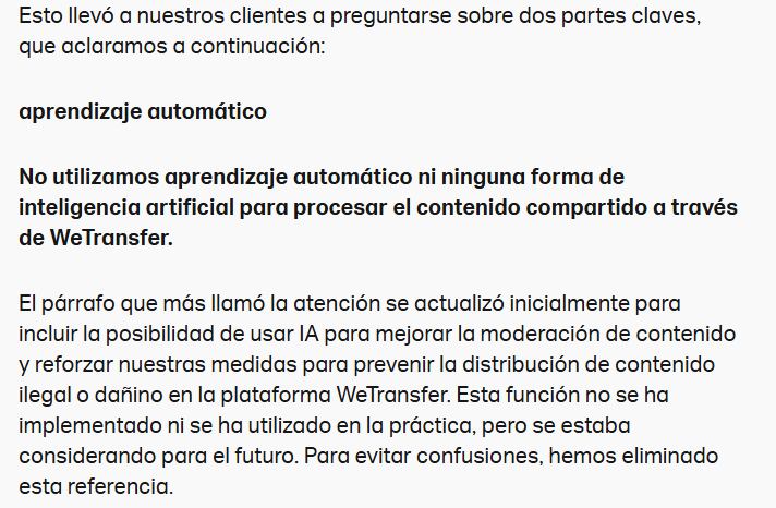 Comunicado de WeTransfer acerca del uso de documentos para alimentar IA.