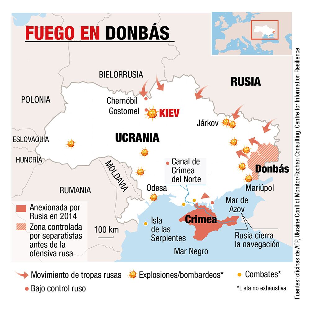 Mapa acerca de las acciones de combate que ha hecho Rusia en Ucrania desde el anuncio de la operación militar.