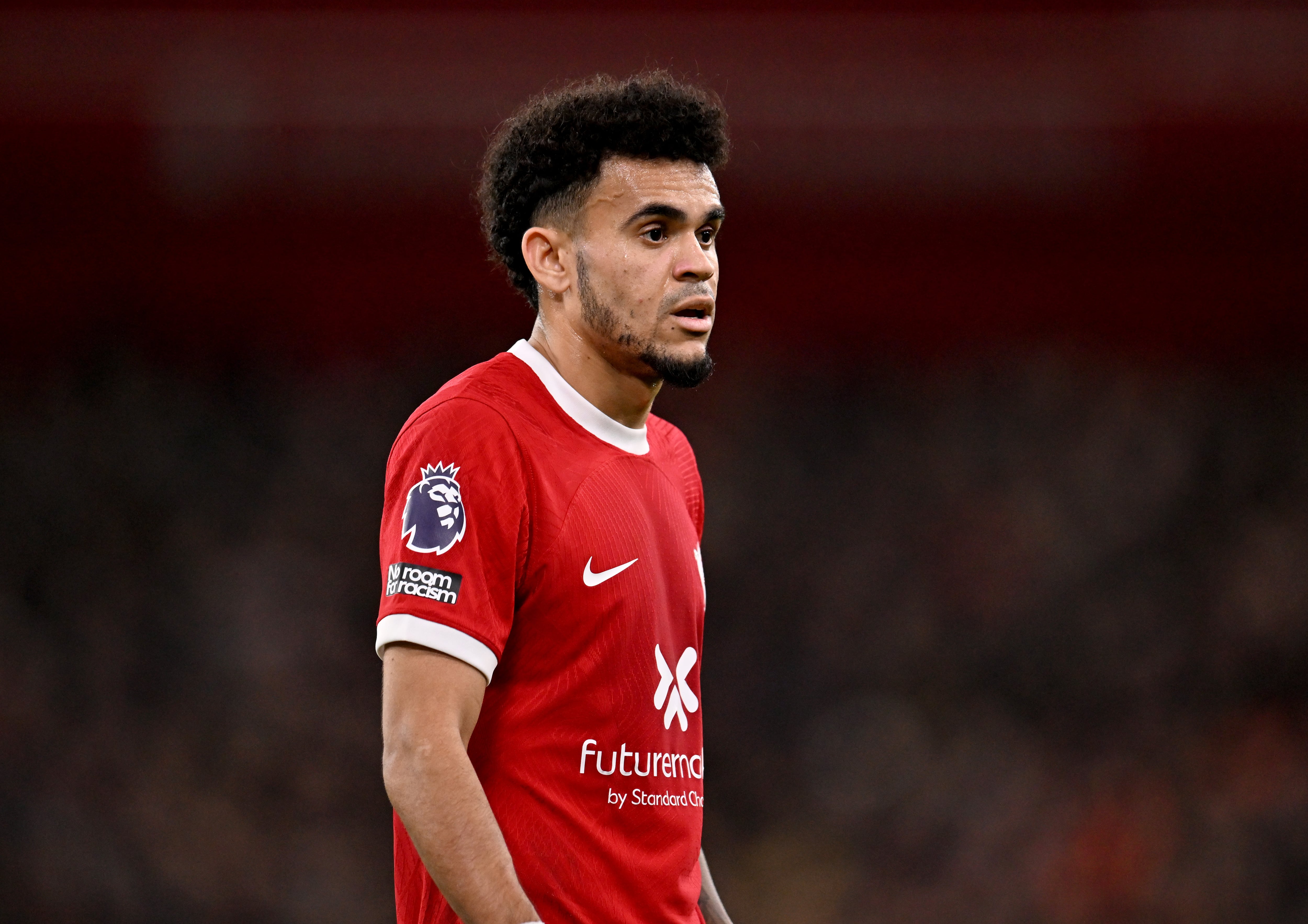 LIVERPOOL, ENGLAND - DECEMBER 17: (THE SUN OUT, THE SUN ON SUNDAY OUT) Luis Diaz of Liverpool during the Premier League match between Liverpool FC and Manchester United at Anfield on December 17, 2023 in Liverpool, England. (Photo by Andrew Powell/Liverpool FC via Getty Images)