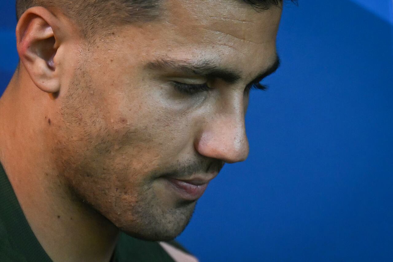 Manchester City's Spanish midfielder #16 Rodri arrives for a press conference at the Manchester City's training ground, in Manchester, north-west England, on September 17, 2024, on the eve of their UEFA Champions League football match against Inter Milan. (Photo by Oli SCARFF / AFP)