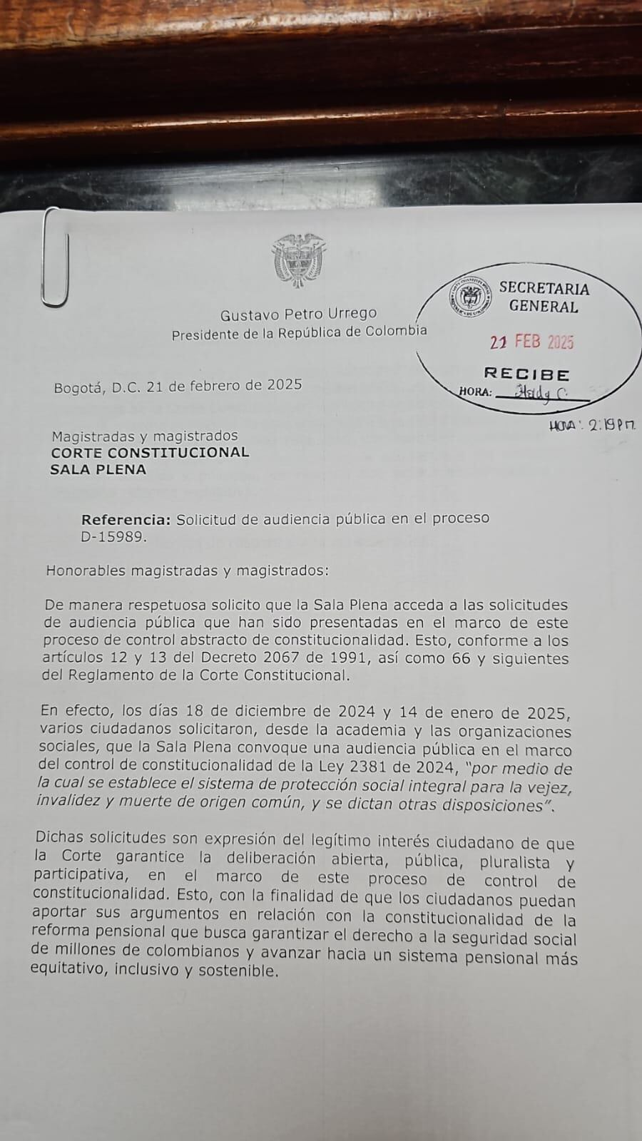 Carta audiencia pública presidente Petro