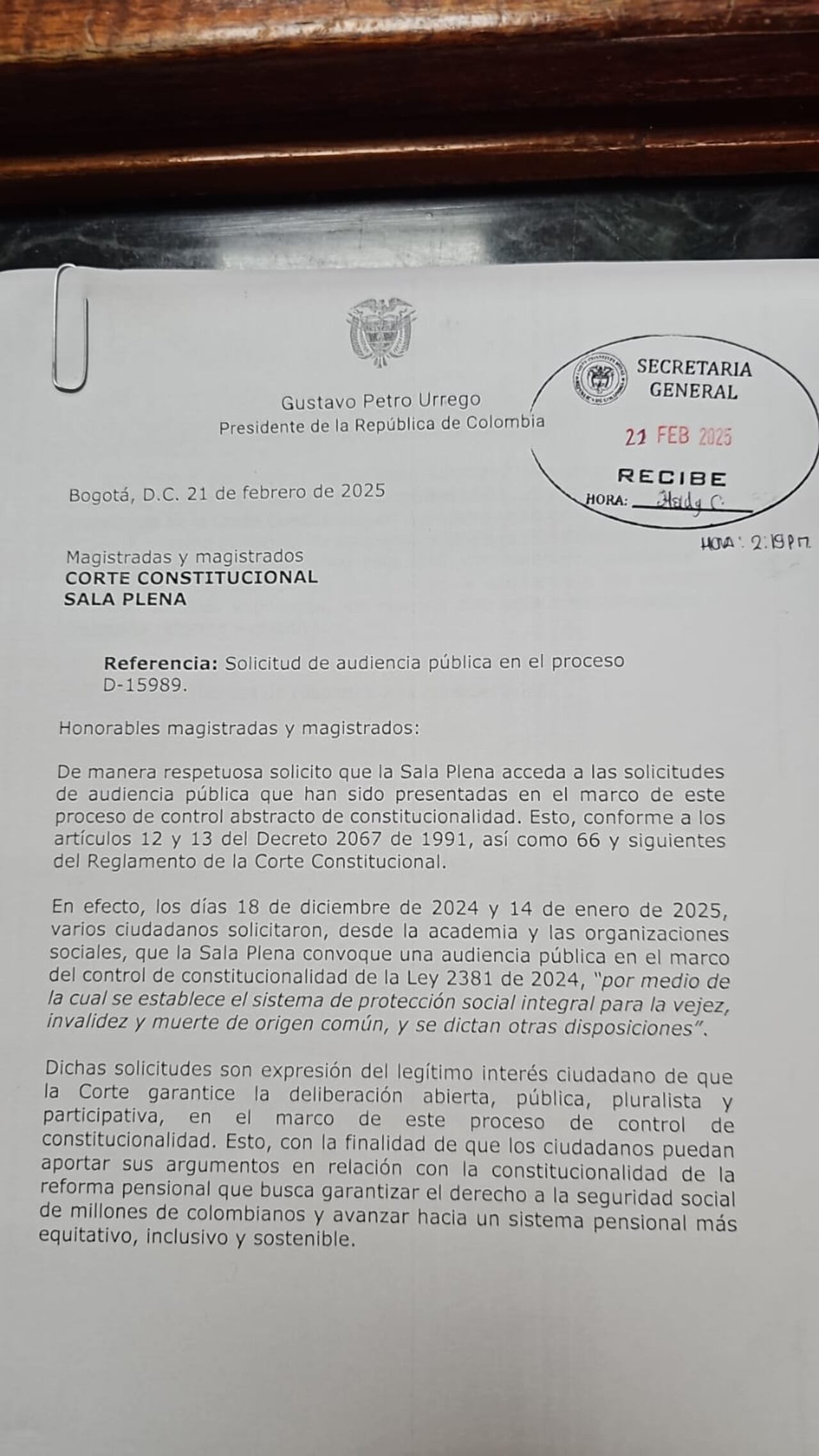 Carta audiencia pública presidente Petro