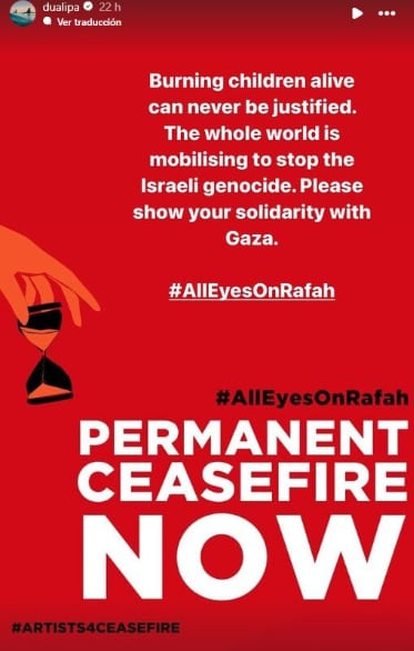 Dua Lipa denuncia el genocidio israelí en su Instagram