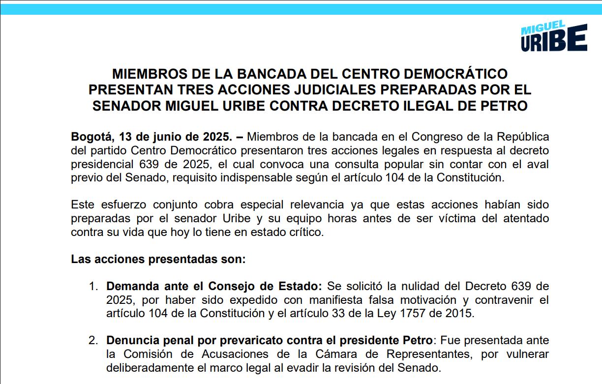 Comunicado Centro Democrático.