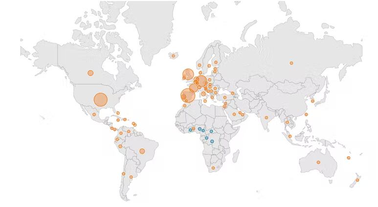 Países con casos de viruela del mono. En naranja, los países que han reportado casos en 2022. En azul, los países que han reportado casos en años anteriores. CDC