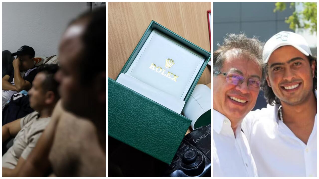 De izquierda a derecha: los detenidos integrantes de la banda, los relojes Rolex hallados y el presidente, Gustavo Petro, con su hijo Nicolás Petro.