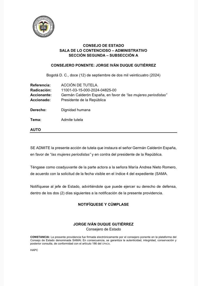 Consejo de Estado admite tutela contra el presidente Petro por llamar a las periodistas "muñecas de la mafia".