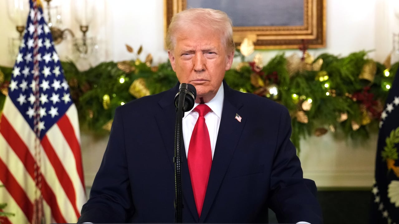 President Donald Trump speaks during an address to the nation from the Diplomatic Reception Room at the White House, Wednesday, Dec. 17, 2025, in Washington. (Doug Mills/The New York Times via AP, Pool)