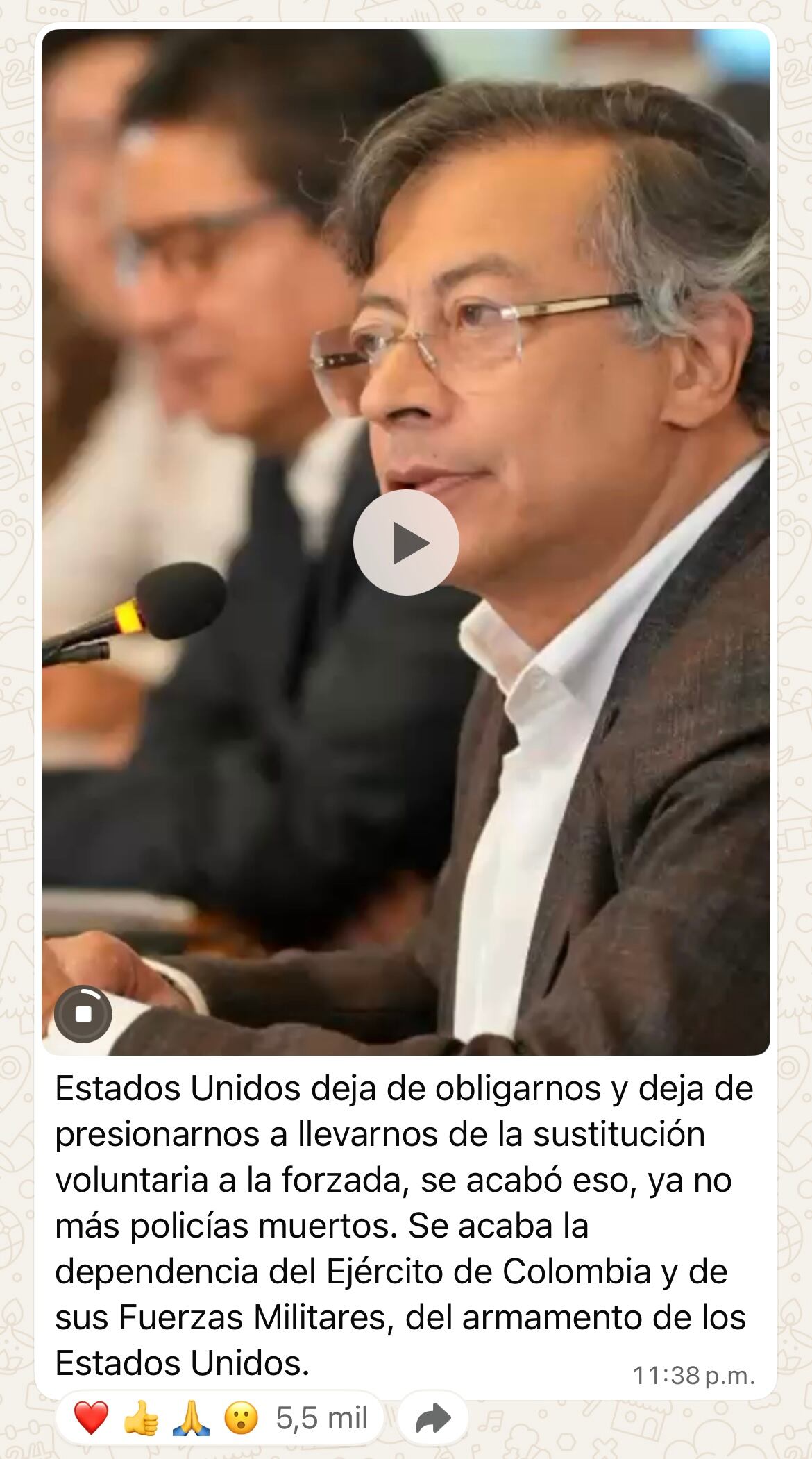 Mensaje del presidente Gustavo Petro en su canal de WhatsApp