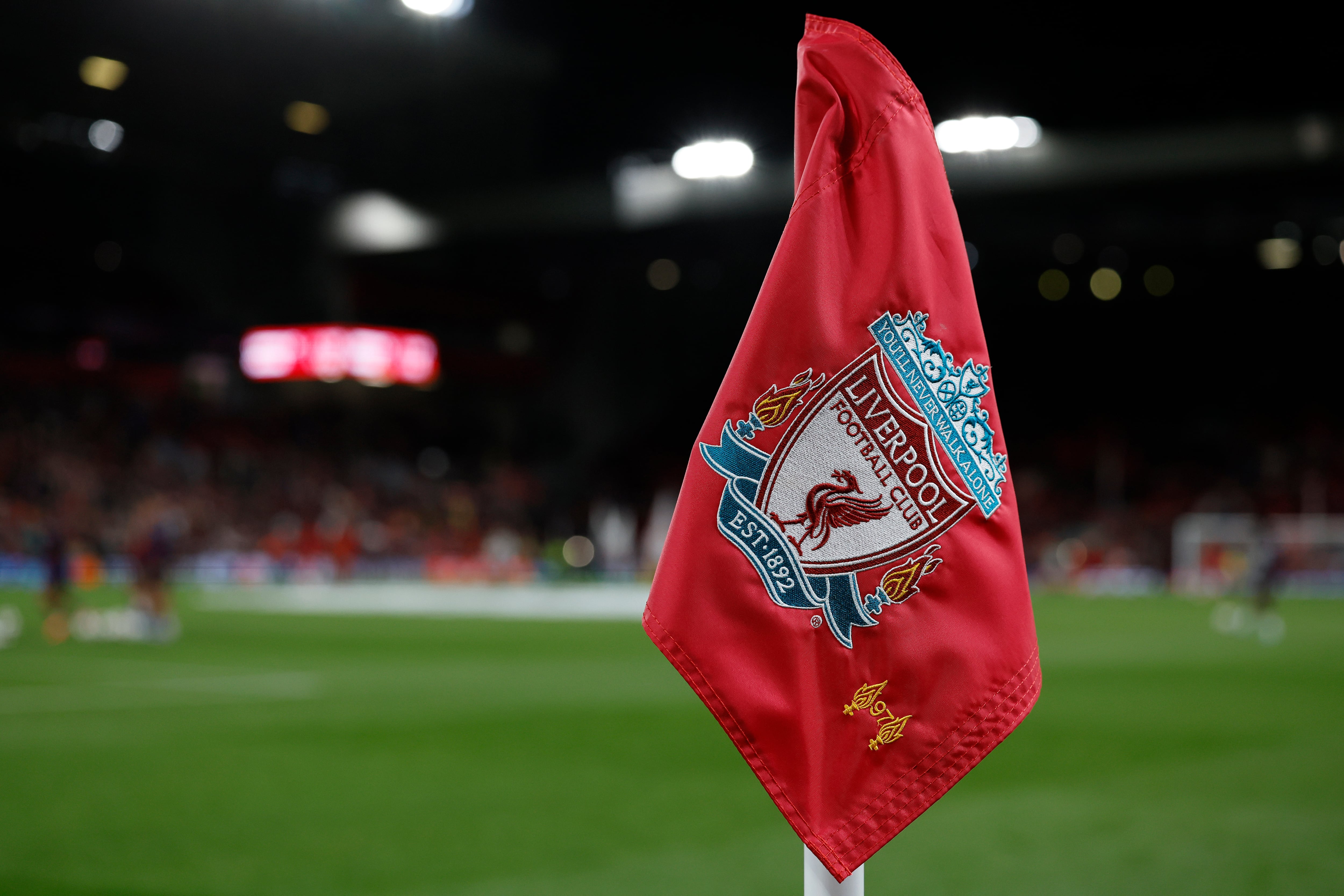 LIVERPOOL, ENGLAND - OCTOBER 2: Liverpool fc corner flag before the UEFA Champions League 2024/25 League Phase MD2 match between Liverpool FC and Bologna FC 1909 at Anfield on October 2, 2024 in Liverpool, England. (Photo by Richard Sellers/Allstar/Getty Images)