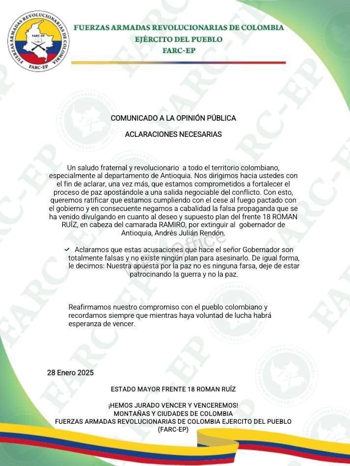 Este es el comunicado de las disidencias FARC del Frente 18 frente al supuesto plan de atentar contra el gobernador de Antioquia.