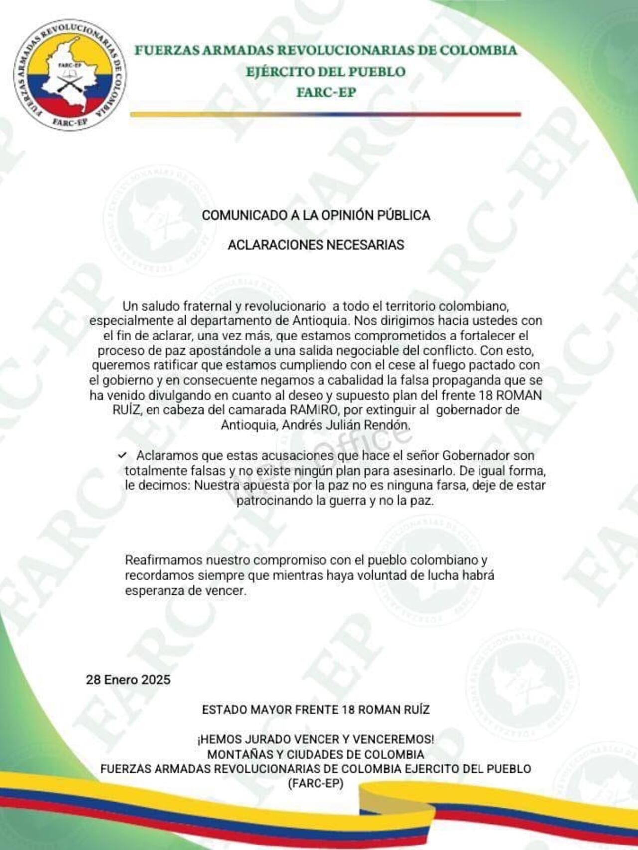 Este es el comunicado de las disidencias FARC del Frente 18 frente al supuesto plan de atentar contra el gobernador de Antioquia.