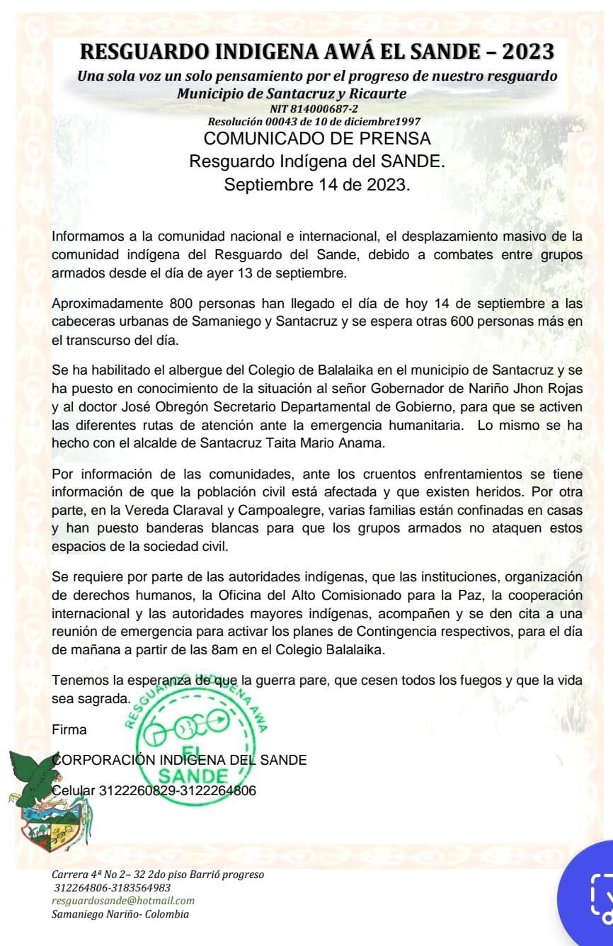 Nuevo desplazamiento en Samaniego, Nariño, por cuenta de enfrentamientos entre estructuras criminales.