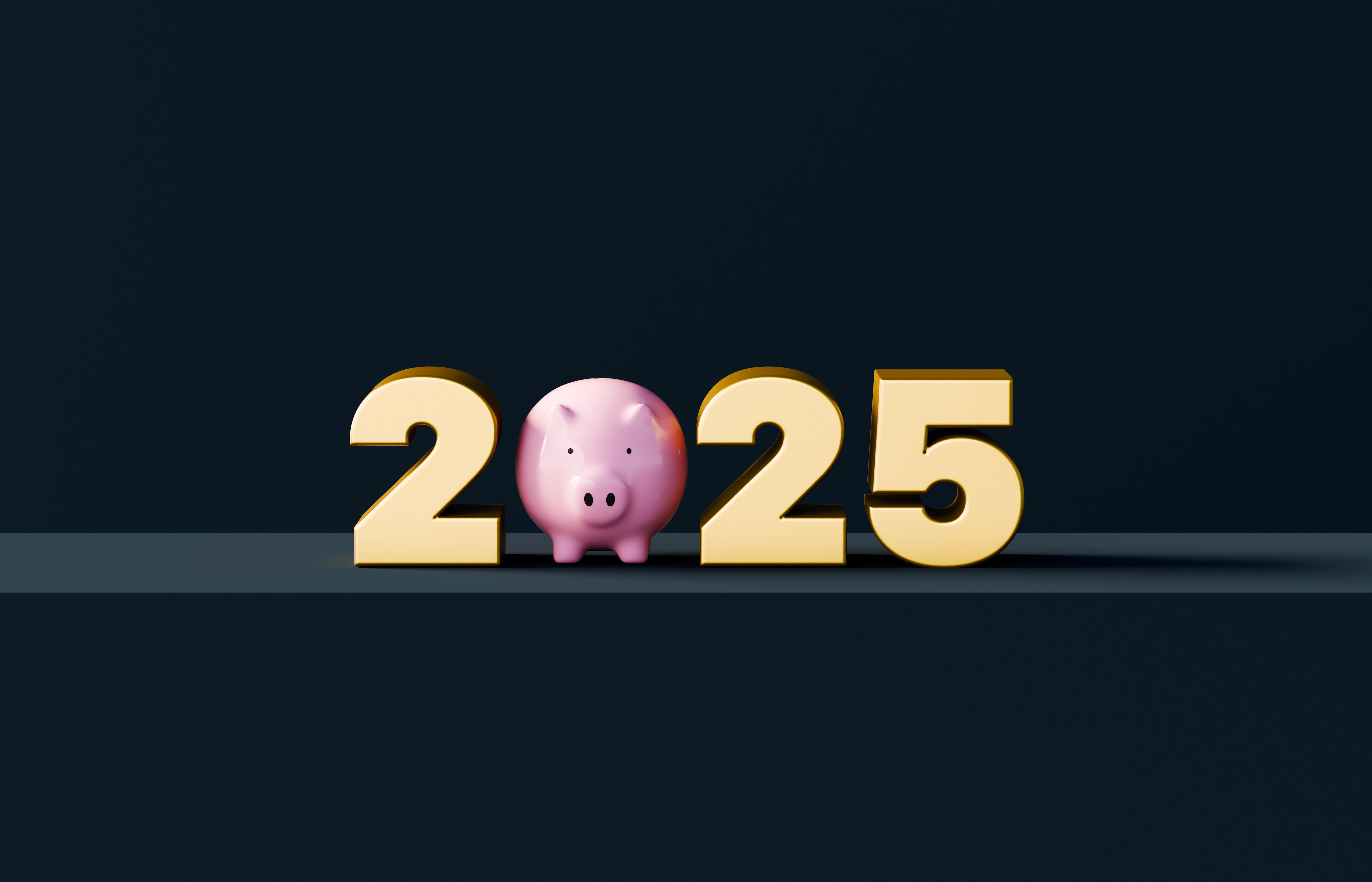 The year "2025" is elegantly represented with golden numerals, where the "0" is uniquely replaced by a detailed piggy bank, symbolizing financial growth and savings. The gleaming golden figures and the piggy bank create a visual metaphor for prosperity, emphasizing the importance of wealth-building and financial security as the new year approaches. This design evokes a sense of optimism and financial potential for the future.