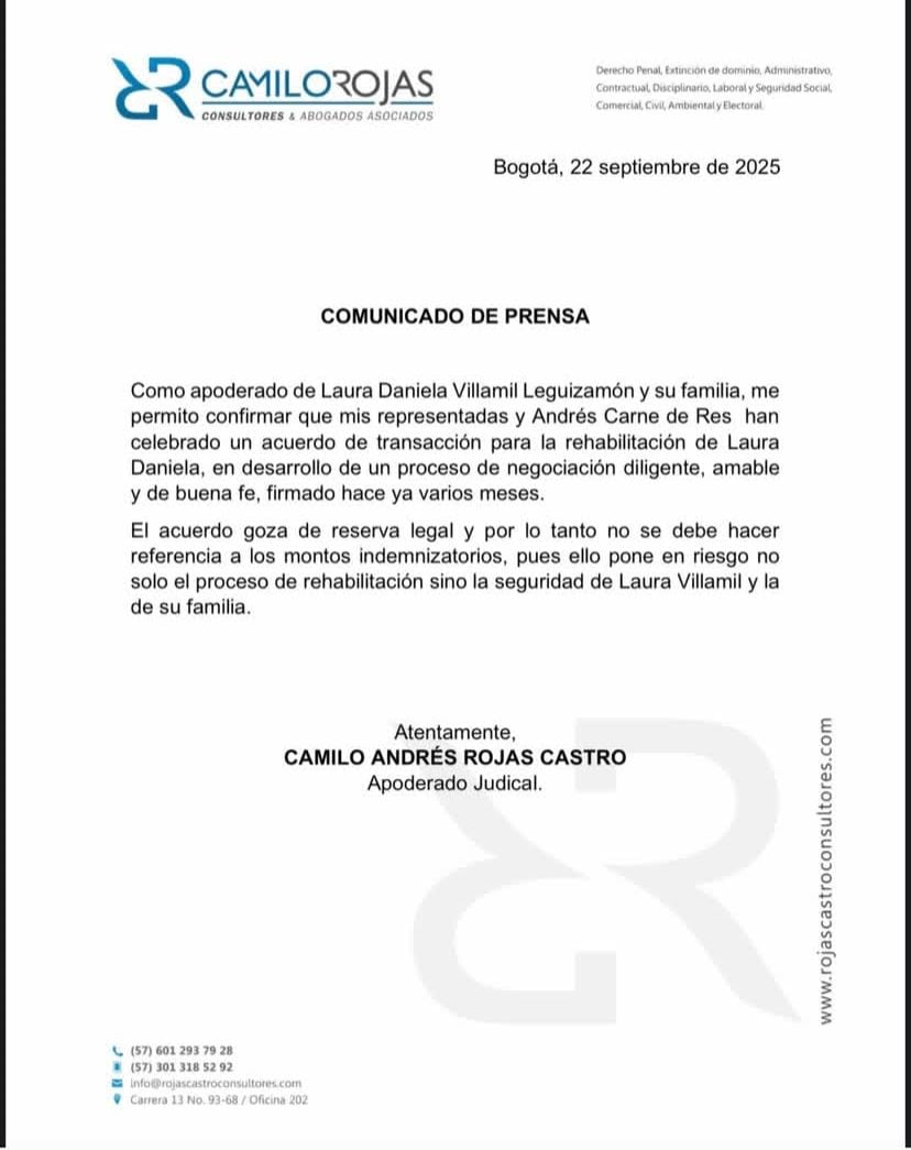 Este es el comunicado del representante legal de la bailarina y su familia.
