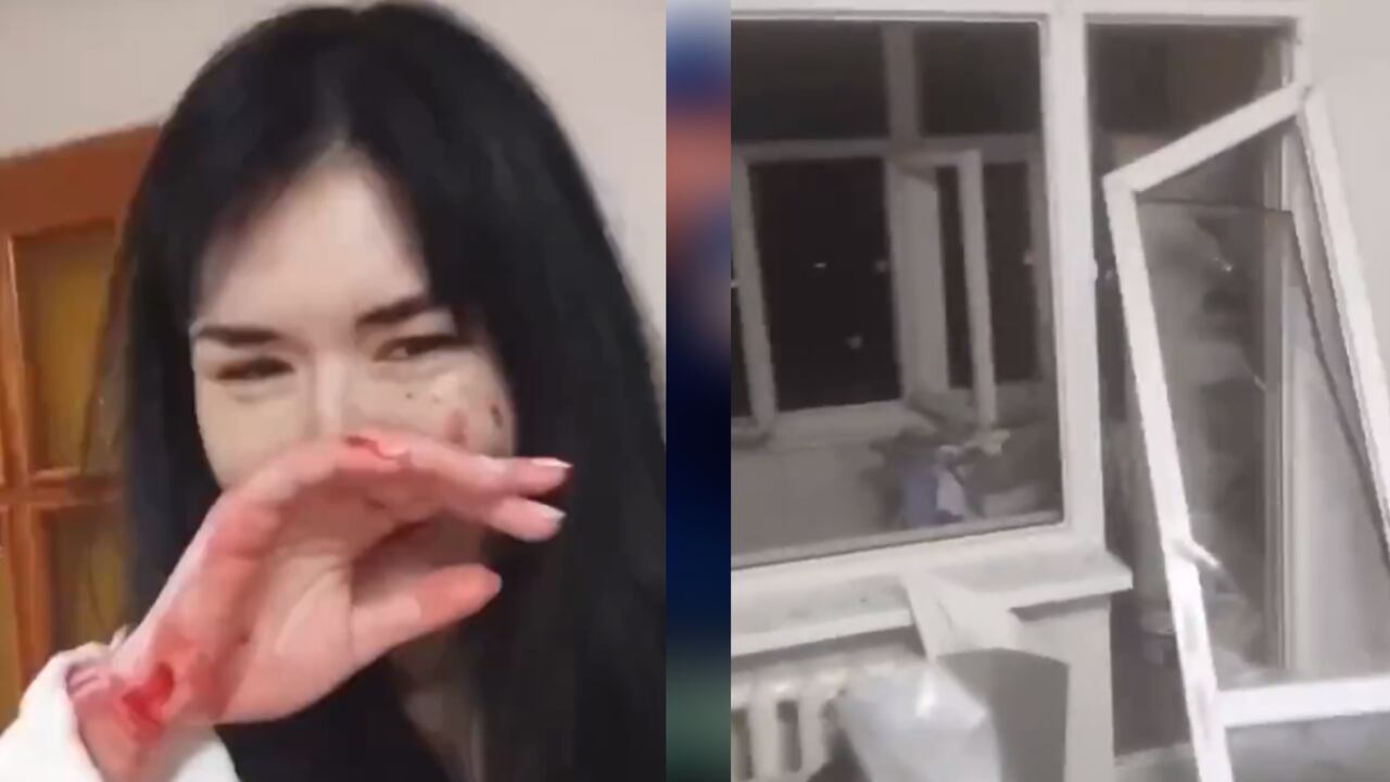 Mujer en shock tras taque ruso en Uman, Ucrania.