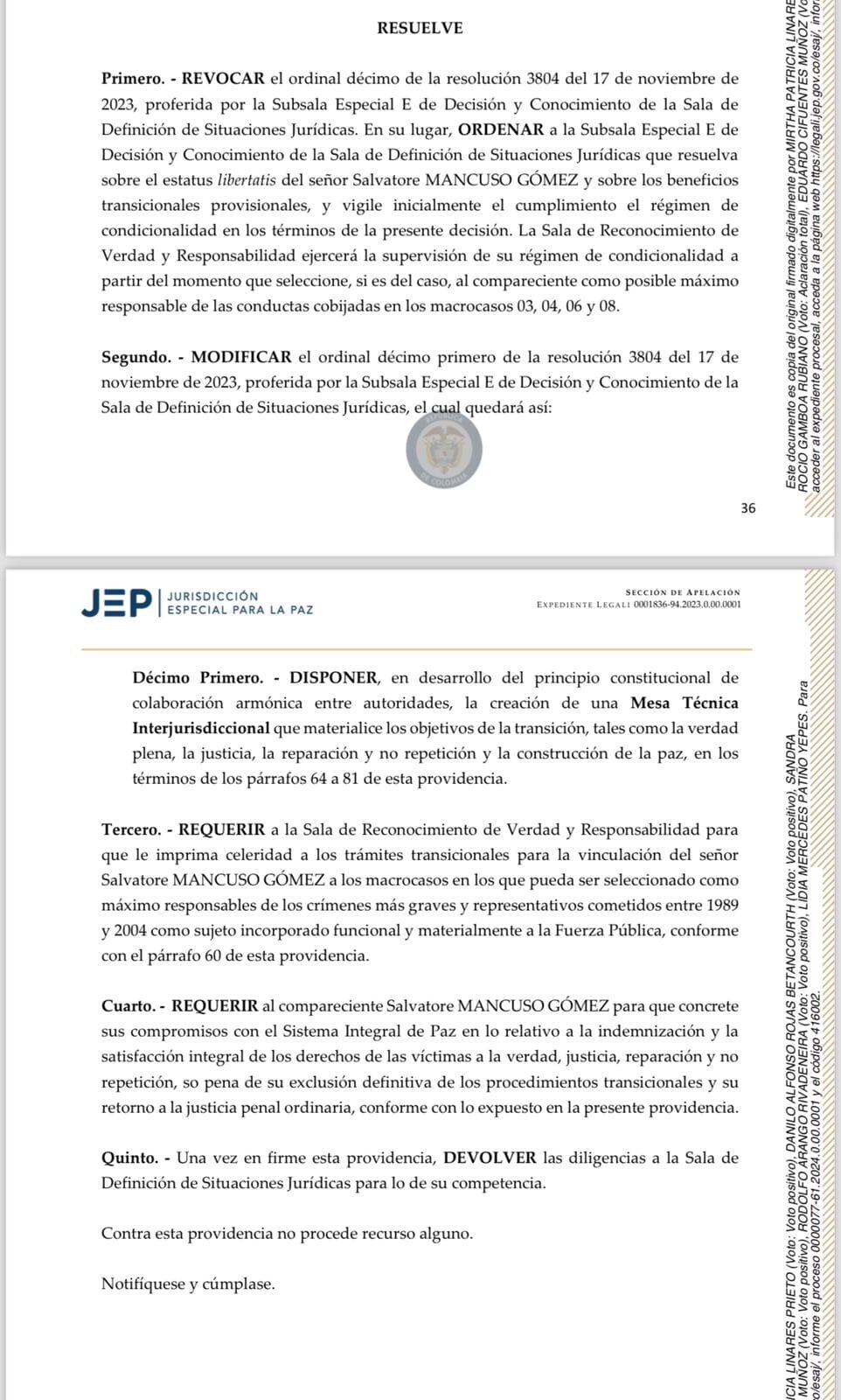 La JEP tendrá la última palabra sobre la solicitud de libertad de Salvatore Mancuso.
