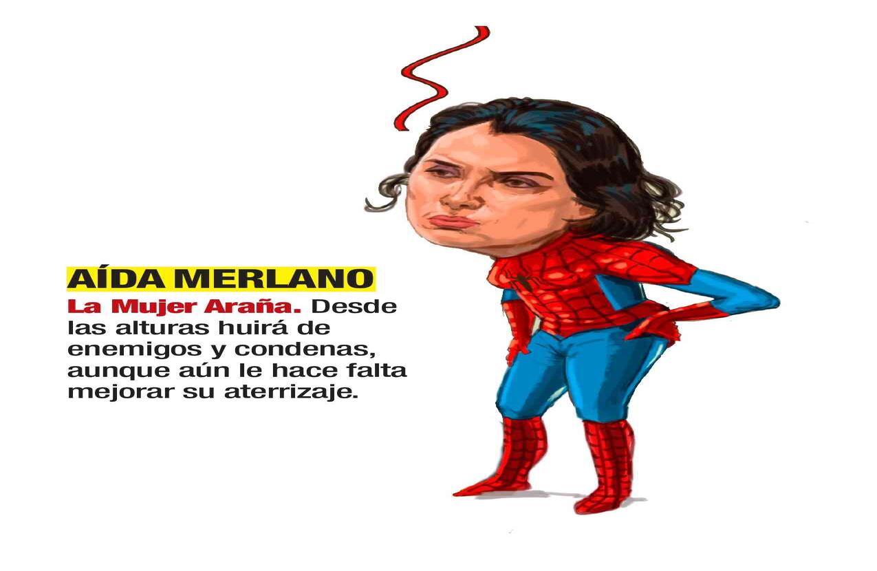 Aída Merlano, La Mujer Araña. Desde las alturas huirá de enemigos y condenas, aunque aún le hace falta mejorar su aterrizaje. Caricatura: Jorge Restrepo