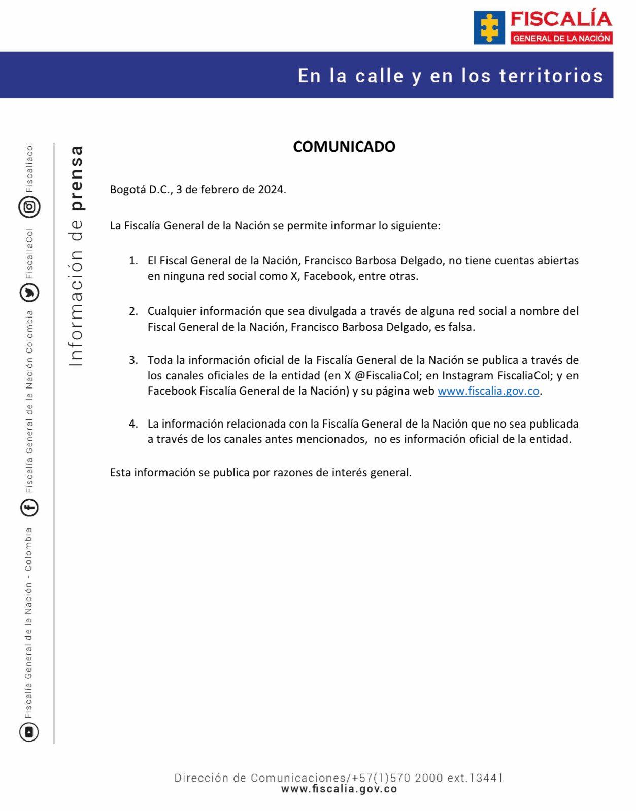 Comunicado de prensa Fiscalía