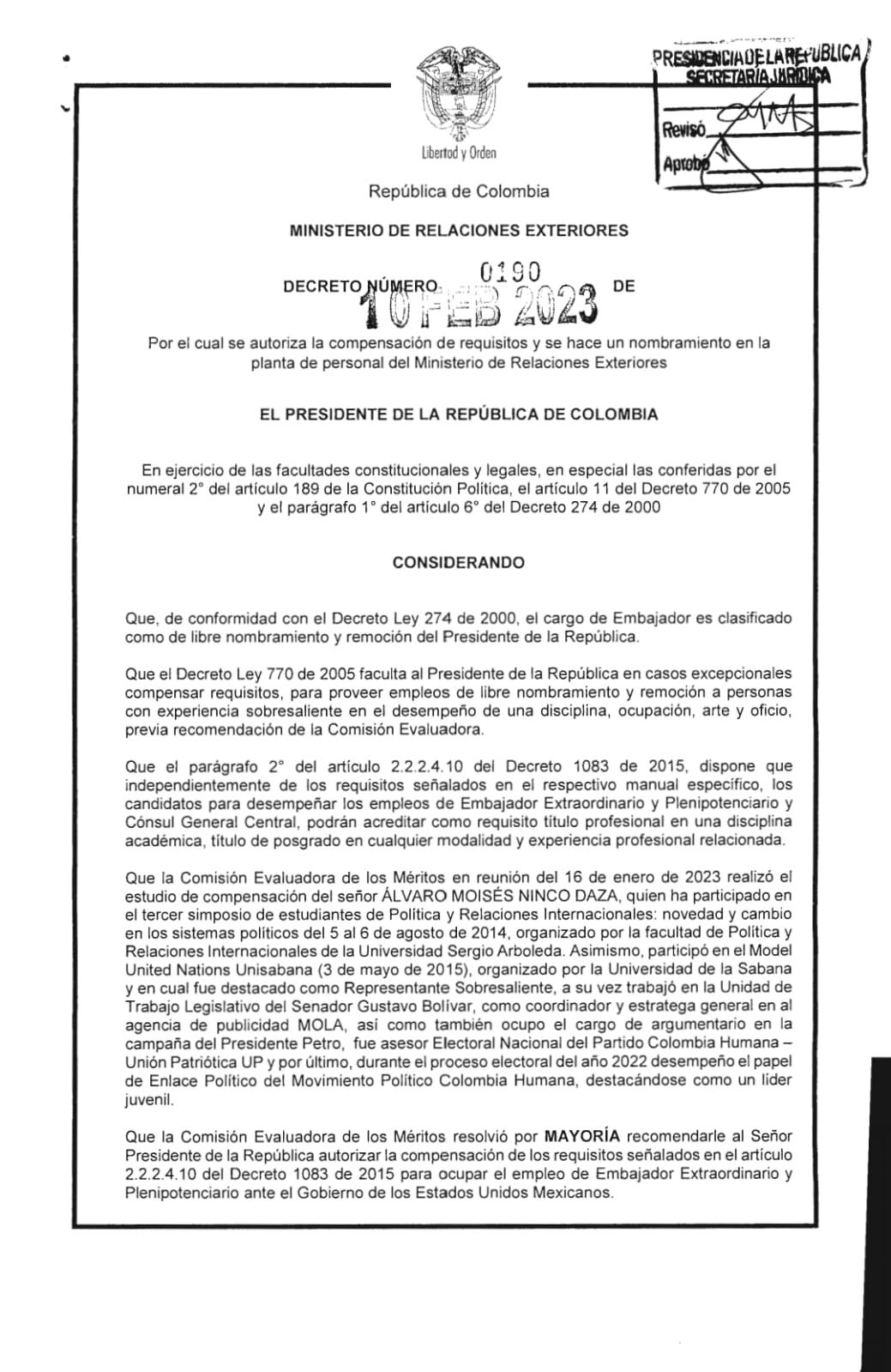 El decreto con el que acreditaron la experiencia laboral de Moisés Ninco.