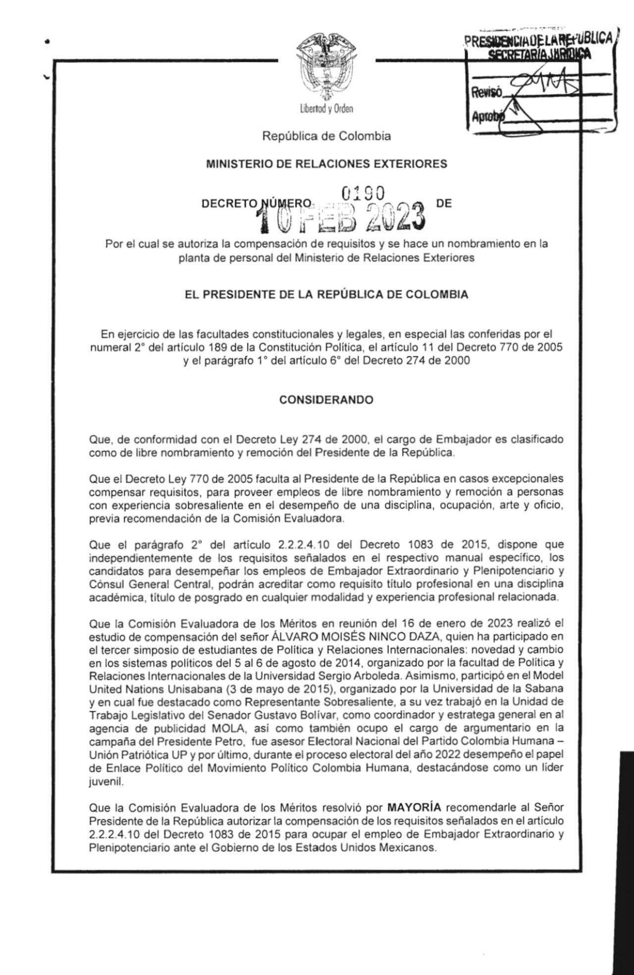 El decreto con el que acreditaron la experiencia laboral de Moisés Ninco.