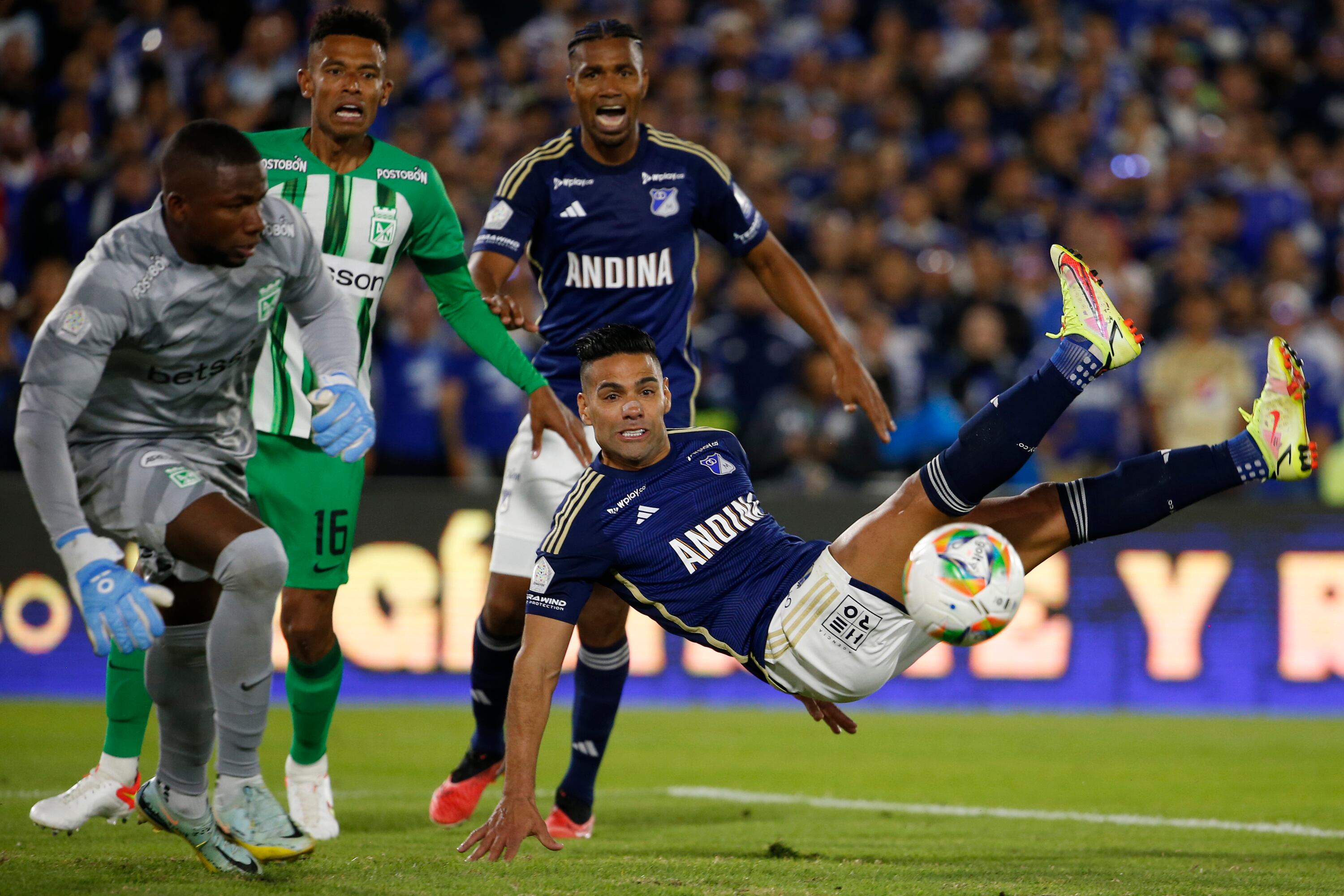 BOGOTA, COLOMBIA - JULY 24: Radamel Falcao Garcia (R) of Millonarios in action during the Liga Betplay II football match against Atlegico Nacional at El Campin stadium on July 24, 2024 in Bogota, Colombia. (Photo by John Vizcaino/VIEWpress)