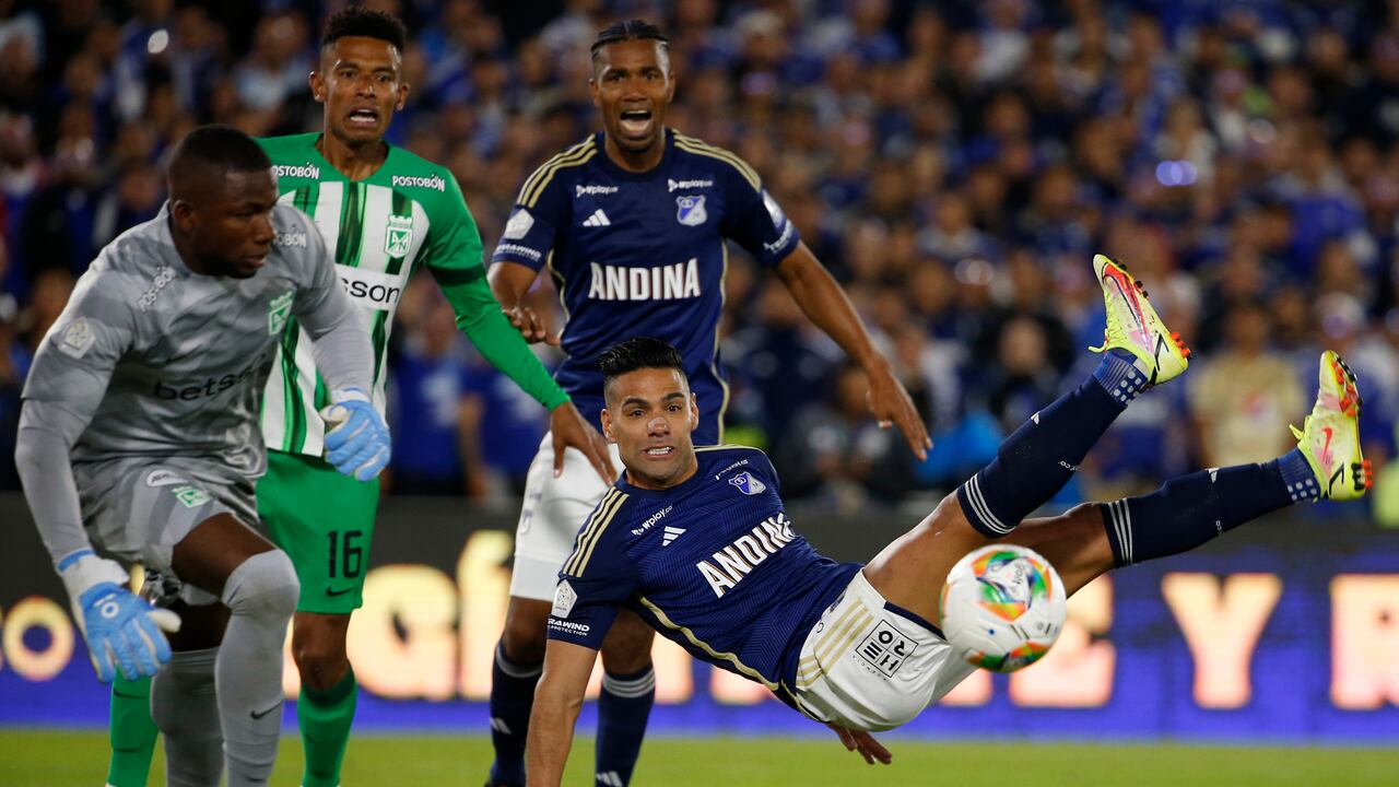 BOGOTA, COLOMBIA - JULY 24: Radamel Falcao Garcia (R) of Millonarios in action during the Liga Betplay II football match against Atlegico Nacional at El Campin stadium on July 24, 2024 in Bogota, Colombia. (Photo by John Vizcaino/VIEWpress)