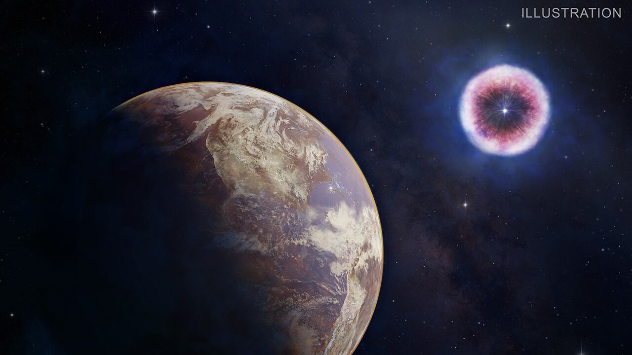 Ilustración de un remanente de supernova joven que tienen un efecto negativo en un planeta similar a la Tierra.