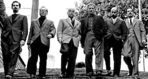 (Izquierda a Derecha) Fernando Botero, Enrique Grau, Guillermo Wiedemann, Alejandro Obregón, Eduardo Ramírez Villamizar y Armando Villegas. Fotografía inédita de Hernán Díaz quien retrató a estos artistas en 1960 para el libro de Marta Traba 'Seis artistas colombianos contemporáneos'.