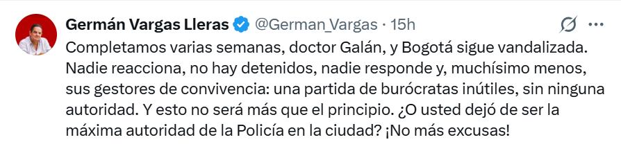 El exvicepresidente Germán Vargas Lleras le envió un mensaje al alcalde de Bogotá, Carlos Fernando Galán.