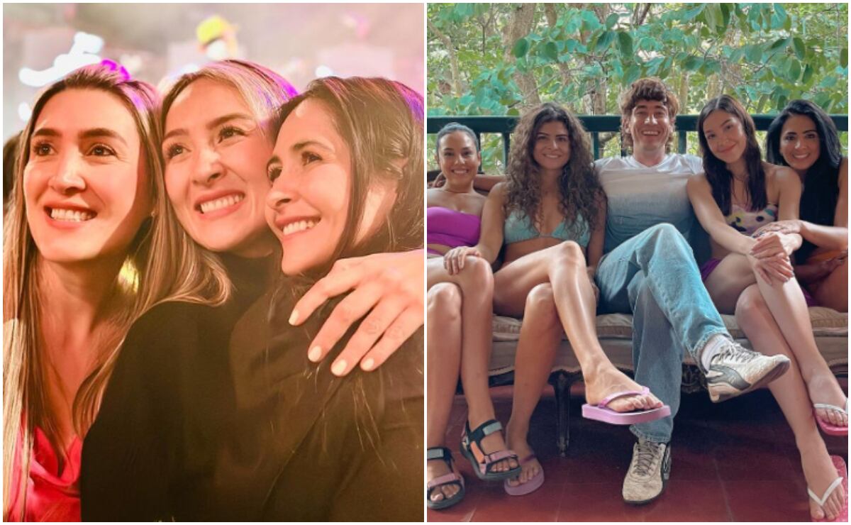 A la izquierda, Michelle Durango, Marcela Durango y Luisa Durango. A la derecha el elenco de la novela de Rigo.