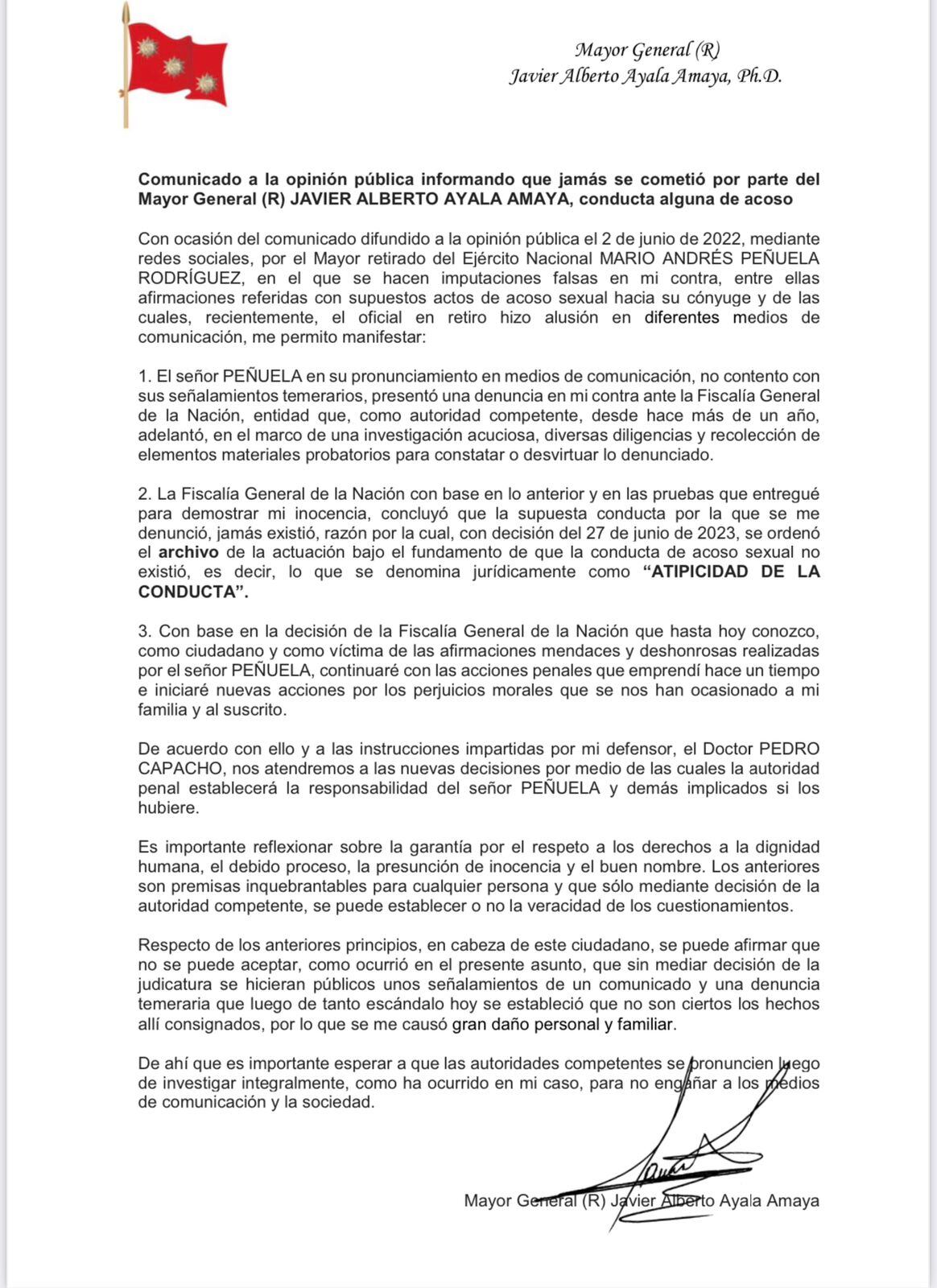 Fiscalía archivó la investigación por acoso contra general (R) Javier Ayala, elegido rector de la Universidad Militar