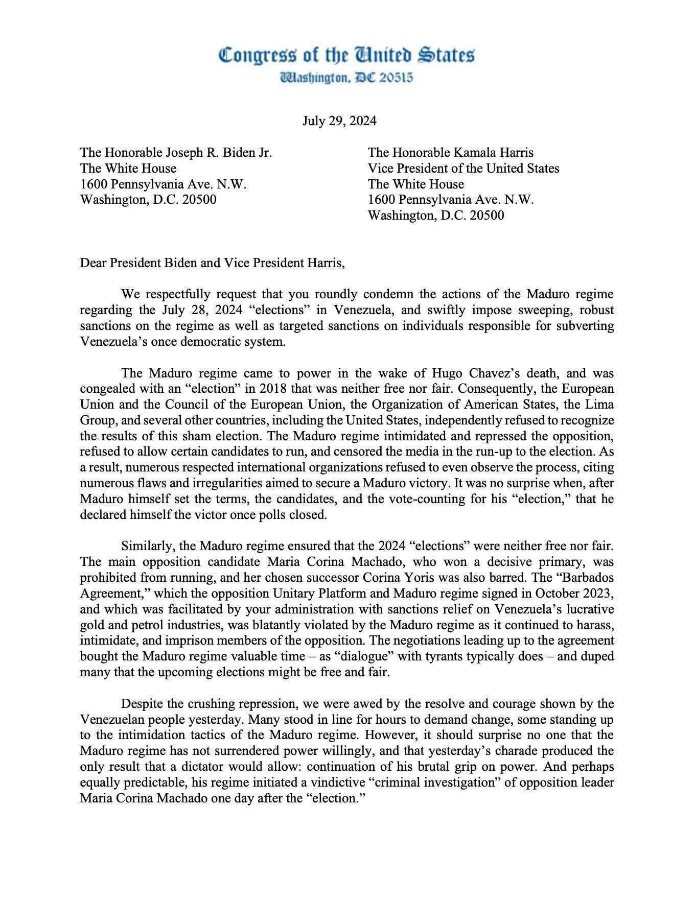 Esta es la carta enviada por los congresistas a Joe Biden