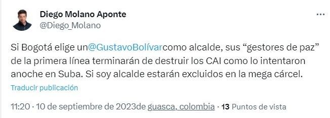 Diego Molano aseguró que de ser alcalde de Bogotá miembros de la primera línea irán a la cárcel si hacen daños