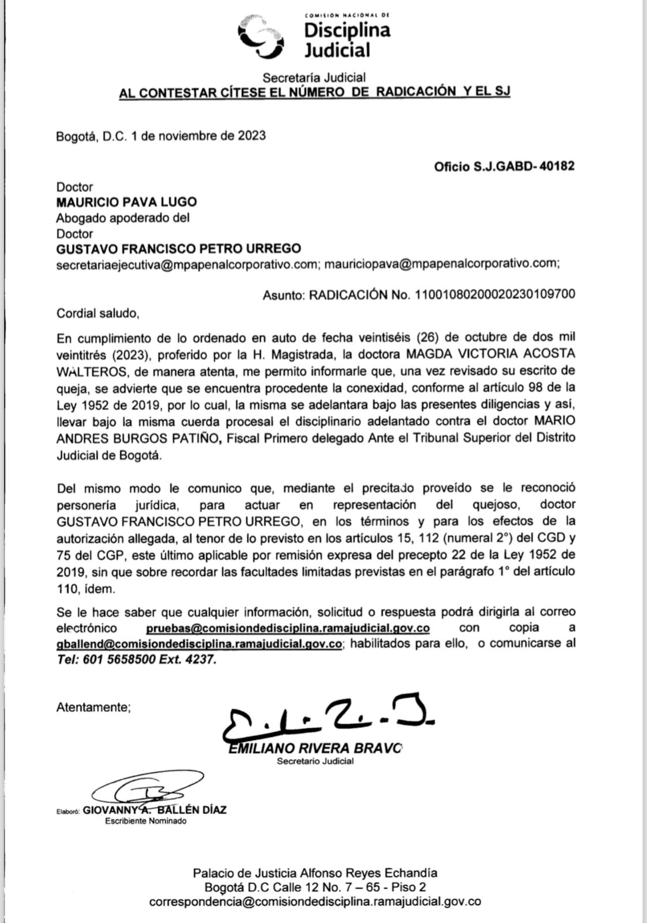 El presidente Gustavo Petro fue reconocido como víctima dentro del proceso contra el fiscal Mario Burgos.