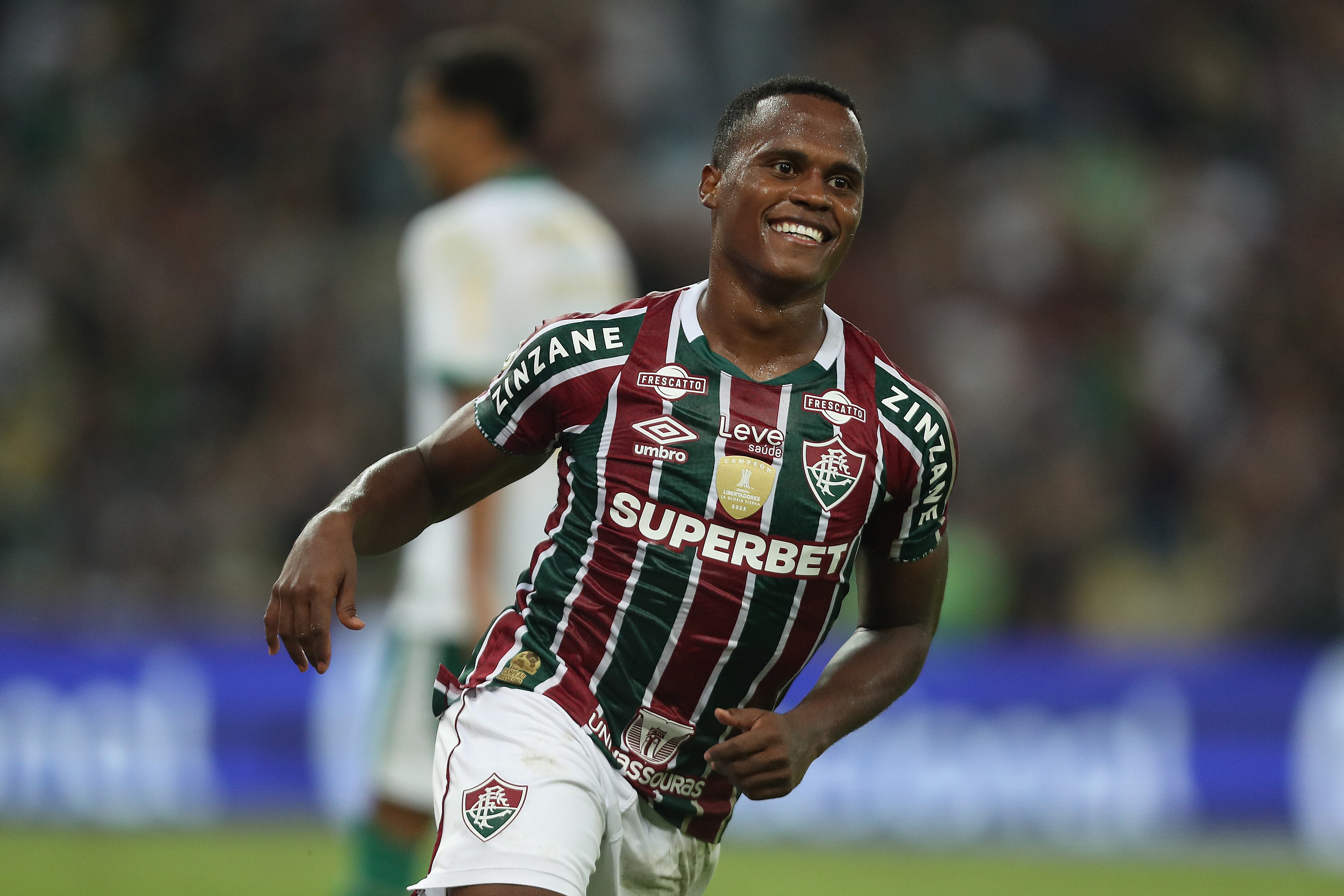 RIO DE JANEIRO, BRAZIL - JULY 24: Jhon Arias of Fluminense celebrates after scoring the first goal of his team during the match between Fluminense and Palmeiras as part of Brasileirao 2024 at Maracana Stadium on July 24, 2024 in Rio de Janeiro, Brazil. (Photo by Wagner Meier/Getty Images)
